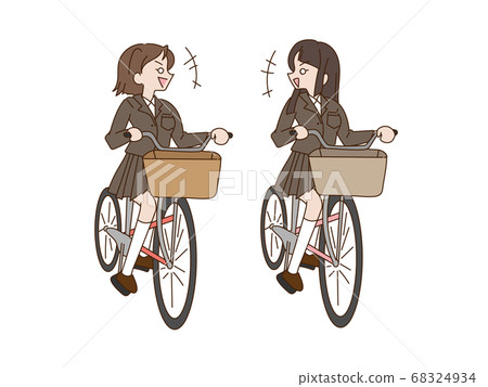 兩個高中女生並排騎著自行車 68324934