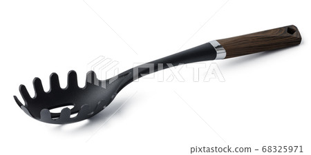 Black plastic spoon for draining on white background Black plastic spoon for draining on white background 68325971