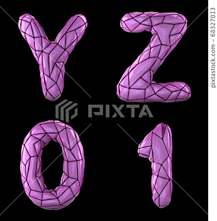 Realistic 3D letters set Y, Z, 0, 1 made of low poly style. Collection symbols of low poly style pink color plastic isolated on black background Realistic 3D letters set Y, Z, 0, 1 made of low poly style. Collection symbols of low poly style pink color plastic isolated on black background 68327013