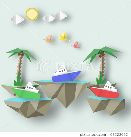 Scene with Birds, Steamship, Palm and 3D Fly Scene with Birds, Steamship, Palm and 3D Fly 68328052