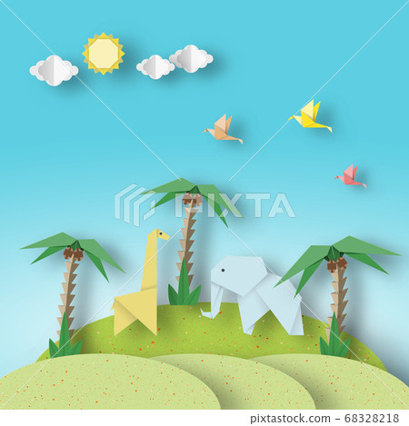 Scene with Cutout Birds, Elephant, Giraffe in a Desert. Scene with Cutout Birds, Elephant, Giraffe in a Desert. 68328218
