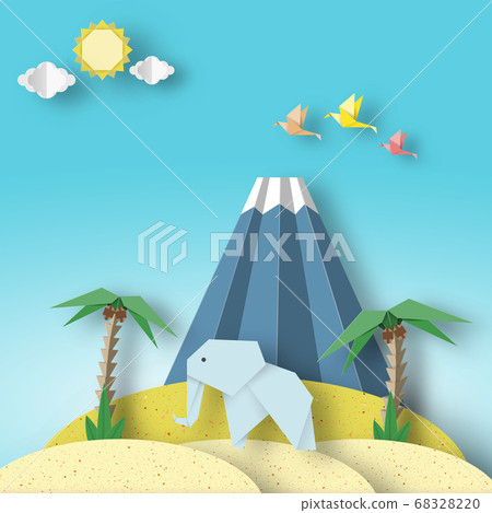 Scene with Art Cut Birds, Elephant in a Desert. Scene with Art Cut Birds, Elephant in a Desert. 68328220