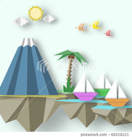 Abstract Cut Birds, Yacht, Mountain and 3D Fly Island. Abstract Cut Birds, Yacht, Mountain and 3D Fly Island. 68328221