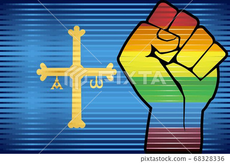 Shiny LGBT Protest Fist on a Asturias Flag Shiny LGBT Protest Fist on a Asturias Flag 68328336