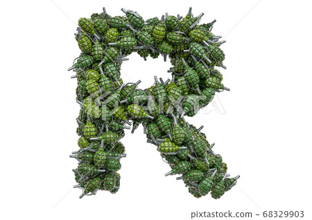 Letter R from hand grenades, 3D rendering Letter R from hand grenades, 3D rendering 68329903