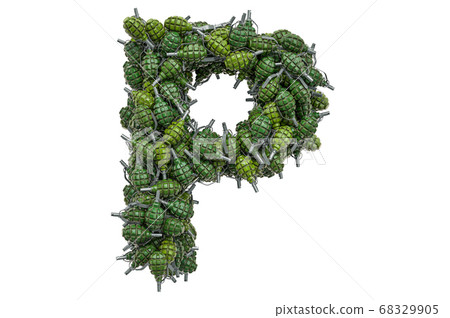Letter P from hand grenades, 3D rendering 68329905