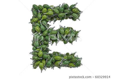 Letter E from hand grenades, 3D rendering Letter E from hand grenades, 3D rendering 68329914