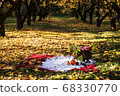 Basket with leaves and pumpkin candle in forest 68330770