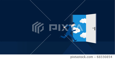 Image of a man escaping, running towards the exit door, vector illustration 68330854