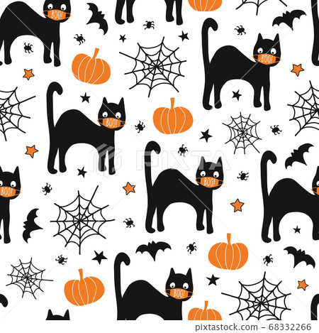 Halloween black cat wearing face mask seamless vector pattern. Corona Halloween 2020 Repeating 68332266