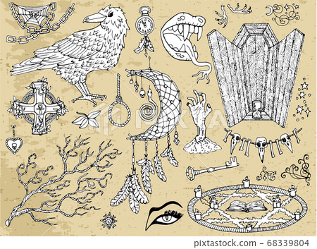 Set of scary Halloween traditional symbols and objects with crow, coffin, pentagram and dreamcatcher. Hand drawn vector illustration for coloring. Doodle clip art collection Set of scary Halloween traditional symbols and objects with crow, coffin, pentagram and dreamcatcher. Hand drawn vector illustration for coloring. Doodle clip art collection 68339804