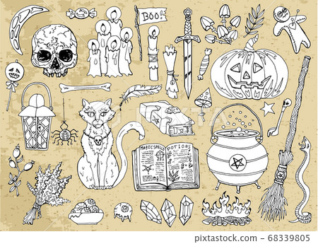 Set of scary Halloween traditional symbols and objects with skull, cat, broom, pot and pumpkin. Hand drawn vector illustration for coloring. Doodle clip art collection Set of scary Halloween traditional symbols and objects with skull, cat, broom, pot and pumpkin. Hand drawn vector illustration for coloring. Doodle clip art collection 68339805