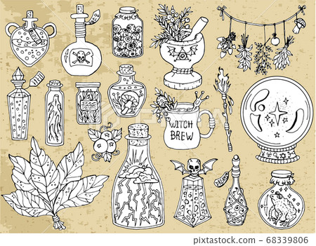 Set of scary Halloween traditional symbols and objects with witch bottles, crystal ball, herbs and magic potion. Hand drawn vector illustration for coloring. Doodle clip art collection Set of scary Halloween traditional symbols and objects with witch bottles, crystal ball, herbs and magic potion. Hand drawn vector illustration for coloring. Doodle clip art collection 68339806