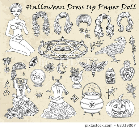 Set of dress up paper doll with Halloween witch costumes, crow, moth and pumpkin. Hand drawn vector illustration for games, coloring page with body template, haircut and clothes to cut out Set of dress up paper doll with Halloween witch costumes, crow, moth and pumpkin. Hand drawn vector illustration for games, coloring page with body template, haircut and clothes to cut out 68339807