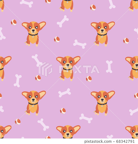 Seamless pattern, corgi puppy with bones and balls. Vector illustration Seamless pattern, corgi puppy with bones and balls. Vector illustration 68342791