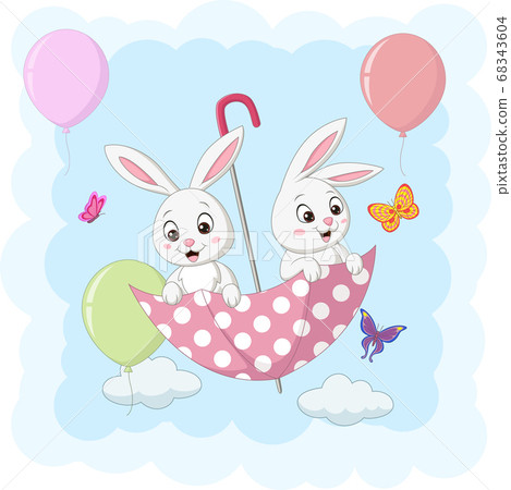 Cute two bunnies flying with an umbrella Cute two bunnies flying with an umbrella 68343604
