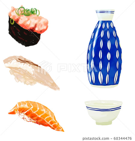 厚水彩畫，壽司套，清酒瓶，章魚，Negi Toro軍艦，鯛魚拉緊，鮭魚 68344476