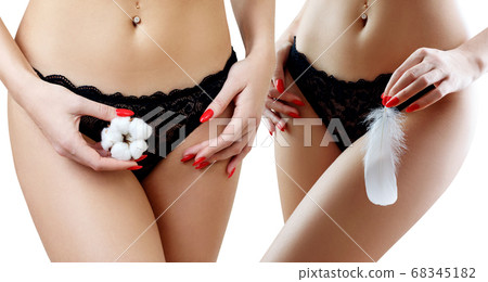 Collage of woman holds the feather and cotton over hips background. Collage of woman holds the feather and cotton over hips background. 68345182