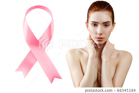 Collage of young redhead woman smiling near big pink ribbon. Collage of young redhead woman smiling near big pink ribbon. 68345184