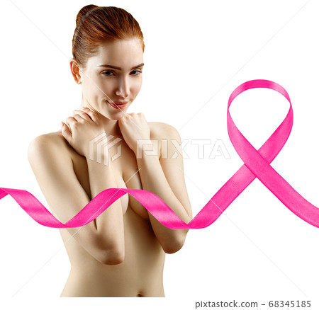 Collage of young redhead woman smiling near big pink ribbon. Collage of young redhead woman smiling near big pink ribbon. 68345185