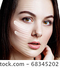 Woman brunette graphic lines shows facial lifting effect. 68345202