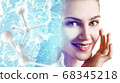 Beautiful woman near big white molecules. 68345218