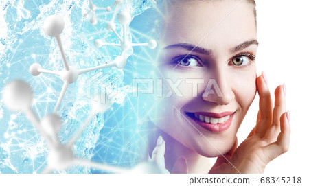 Beautiful woman near big white molecules. 68345218