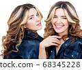 Collage of woman in black leather jacket smiling and laughping. 68345228