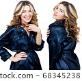 Collage of woman in black leather jacket smiling and laughping. 68345238