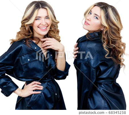 Collage of woman in black leather jacket smiling and laughping. Collage of woman in black leather jacket smiling and laughping. 68345238