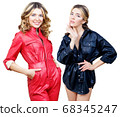 Collage of stylish woman in red leather overalls with wavy hair. 68345247