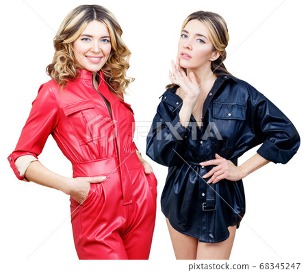 Collage of stylish woman in red leather overalls with wavy hair. Collage of stylish woman in red leather overalls with wavy hair. 68345247