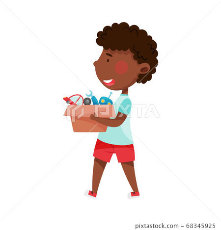 African American Boy Character Carrying Sorted Garbage for Recycling Vector Illustration 68345925