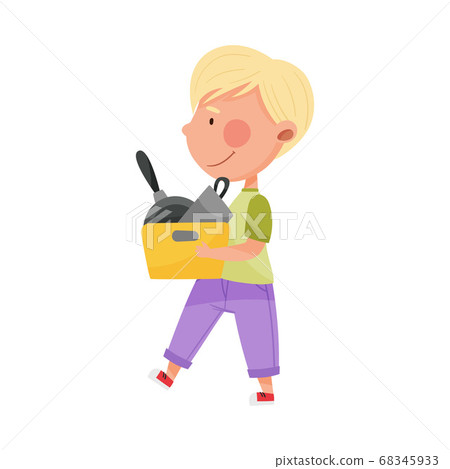 Blonde Haired Boy Character Carrying Sorted Garbage for Recycling Vector Illustration 68345933