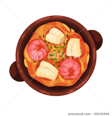 Stew or Boiled Dinner with Seafood Garnished with Herbs as Portuguese Dish View from Above Vector Illustration Stew or Boiled Dinner with Seafood Garnished with Herbs as Portuguese Dish View from Above Vector Illustration 68345994