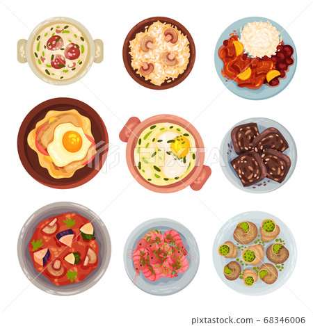 Portuguese Dishes and Main Courses with Stuffed Snails View from Above Vector Set Portuguese Dishes and Main Courses with Stuffed Snails View from Above Vector Set 68346006