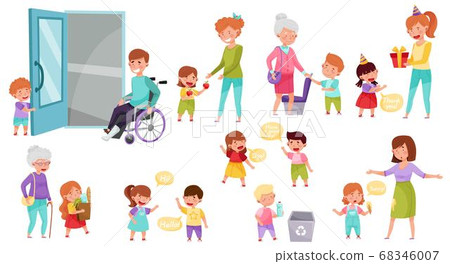 Little Boy and Girl Sharing Treats and Yielding Seat Vector Illustration Set 68346007