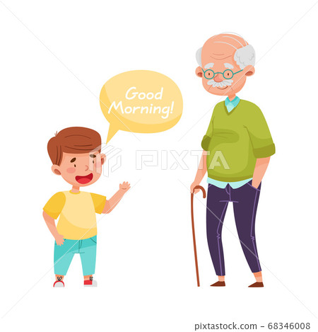 Cheerful Boy Saying Good Morning to Senior Man Vector Illustration 68346008