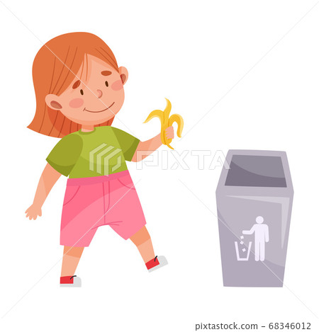 Little Girl Throwing Banana Skin in Trash Bin Vector Illustration 68346012