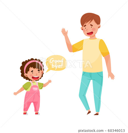 Cheerful Girl Saying Good-by to Young Man Vector Illustration 68346013