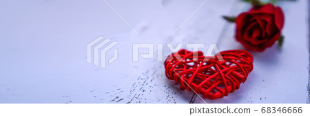 Red hearts and flowers on a white wood floor with 68346666