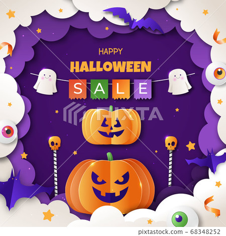 Halloween promotion banner with cutest pumpkins, bats and candy in night clouds 68348252