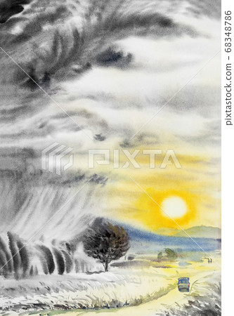 Painting of sunset on mountain and rain 68348786