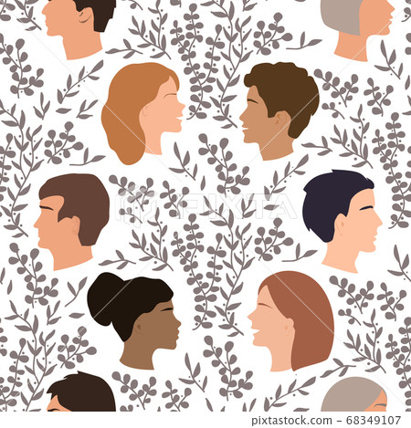 Peoples talk seamless pattern, togetherness and communication concept. Happy women and men talking and smiling to each other. Friends chatting together. Vector illustration Peoples talk seamless pattern, togetherness and communication concept. Happy women and men talking and smiling to each other. Friends chatting together. Vector illustration 68349107