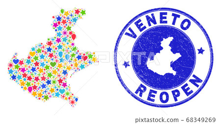Reopening Veneto Region Map Mosaic and Scratched Stamp Reopening Veneto Region Map Mosaic and Scratched Stamp 68349269