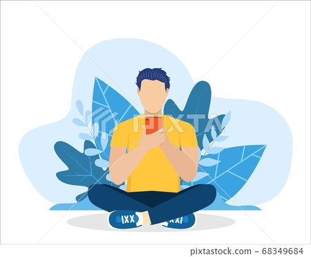 man using phone, sitting legs crossed man using phone, sitting legs crossed 68349684
