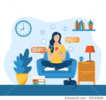 Young girls using phone, sitting legs crossed Young girls using phone, sitting legs crossed 68349686