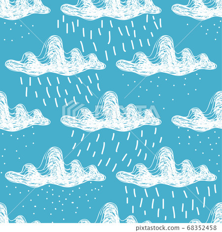 Hand-drawn white cumulus clouds with rain and snow 68352458