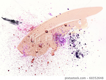 Beauty concept in violet colors. Smudged makeup foundation, broken shadows and sparkles on white background 68352648