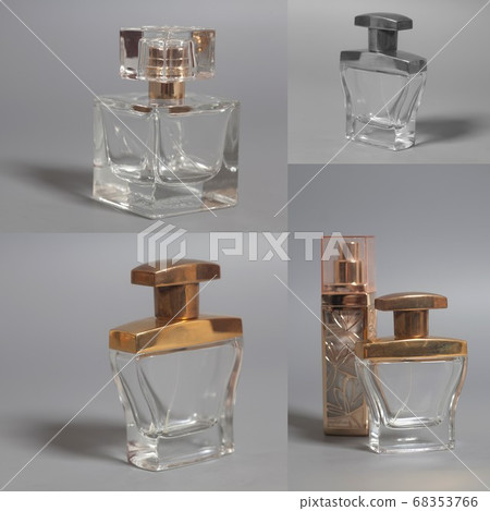 men's and woman perfume in bottles collage 68353766